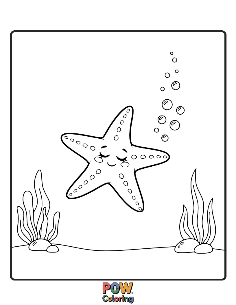 Free coloring page of A very relaxed starfish floats lazily on the surface of the water, enjoying a peaceful and gentle swim.