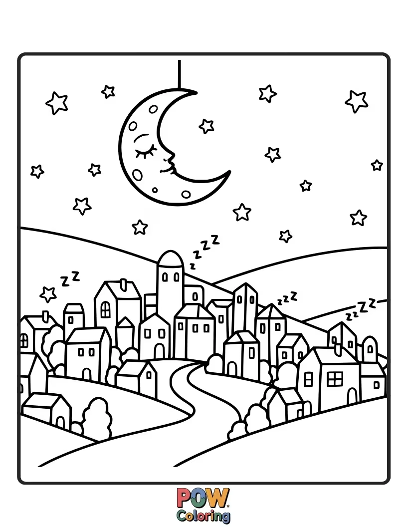 Free coloring page of A charming cityscape under a starry night sky, with cozy houses and gentle moonbeams.