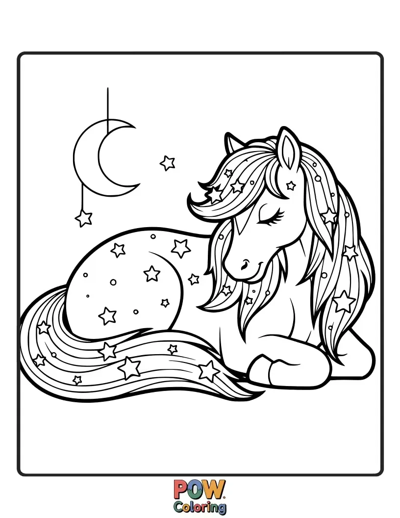 Free coloring page of A peaceful horse nestled amongst crescent moons and sleepy stars, dreaming sweet dreams.