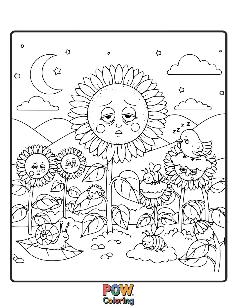 Free coloring page of Gigantic sunflowers with sleepy faces, some yawning, nestled amongst fluffy clouds and cheerful garden gnomes.