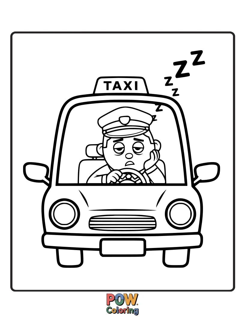 Free coloring page of A cute taxi driver is catching a quick nap while their taxi waits patiently, dreaming of exciting city adventures.