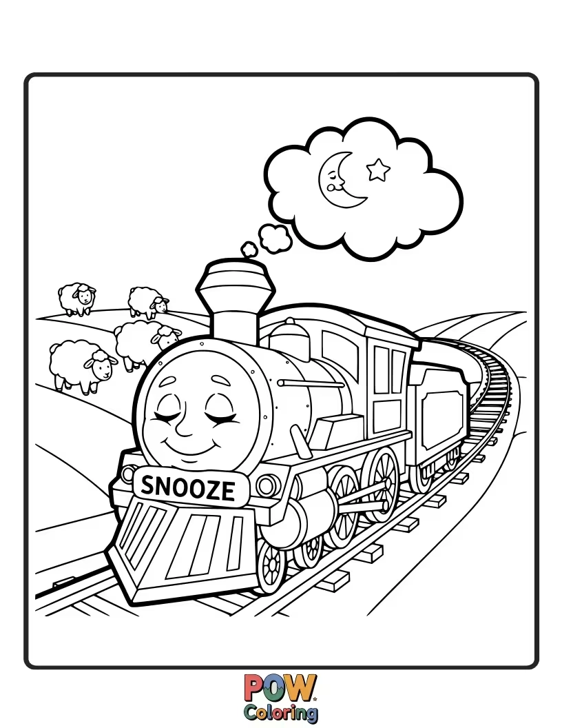 Free coloring page of A cozy train conductor fast asleep at the helm, dreaming of cookies and milk. A humorous scene for young artists to enjoy.