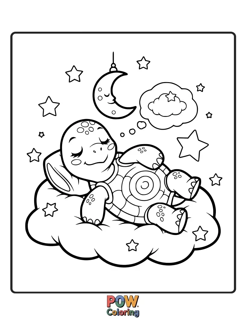 Free coloring page of A sleepy turtle tucked inside its shell, dreaming of delicious berries and warm sunshine.