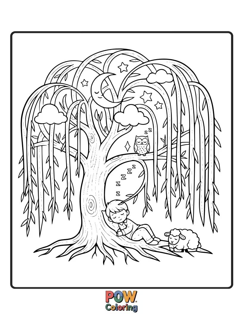 Free coloring page of A gentle weeping willow tree, softly dreaming under a starry sky, its branches like flowing hair.