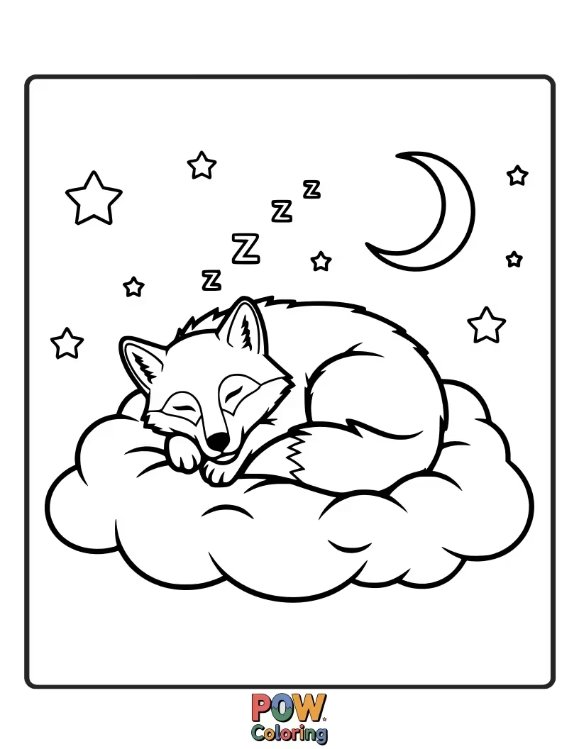 Free coloring page of A very tired wolf yawning widely, snuggled into a comfortable, fluffy bed.