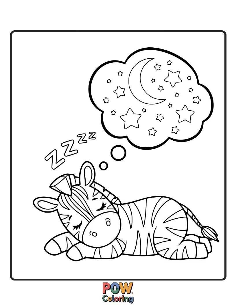 Free coloring page of A cuddly zebra curled up in a cloud, dreaming of stars, moons, and fluffy sheep. Sweet dreams!