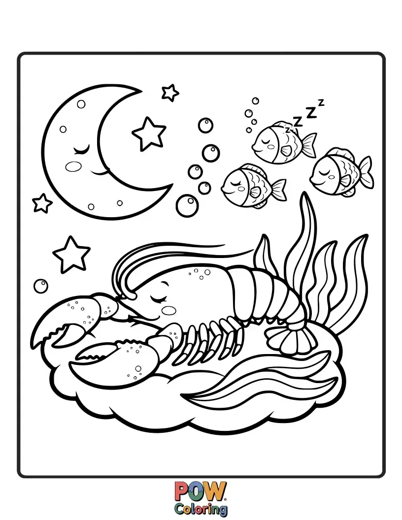 Free coloring page of A very sleepy lobster curled up in a seashell bed, dreaming sweet dreams under a starry sky.