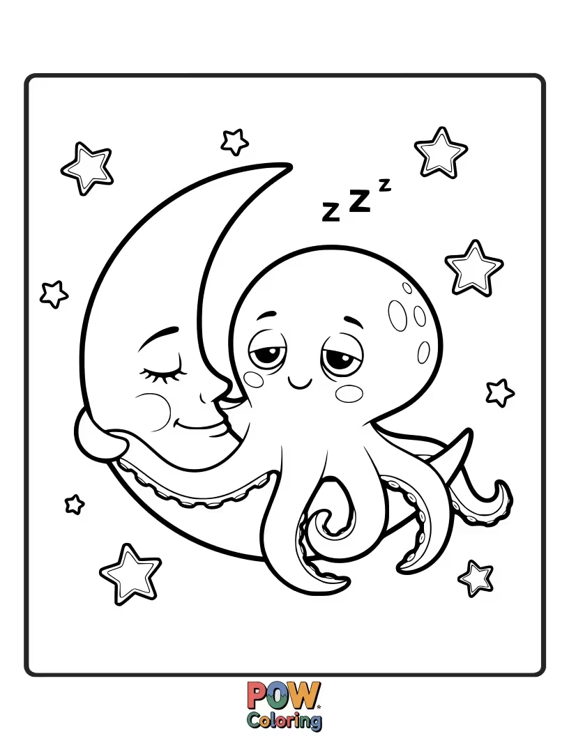Free coloring page of A cozy octopus snuggled under a blanket, surrounded by pillows, drifting off to sleep with a gentle smile.