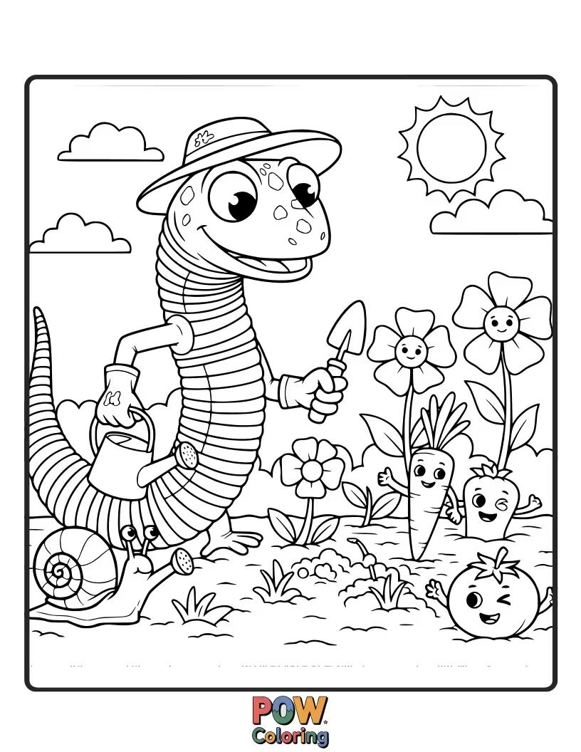 Free coloring page of A slinky lizard wearing gardening gloves, tending to tiny, colorful flowers.