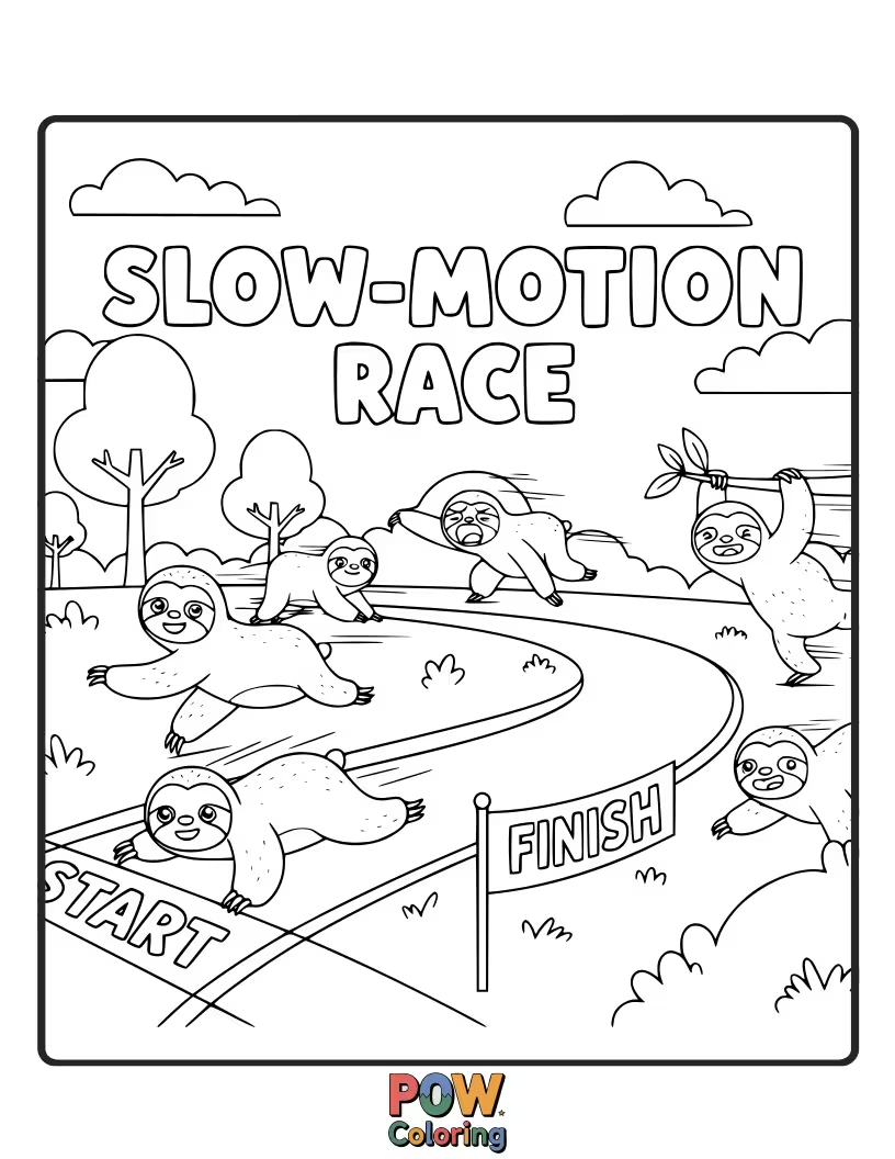 Free coloring page of A smiling sloth, moving incredibly slowly, is still in the lead during a race with much faster animals.