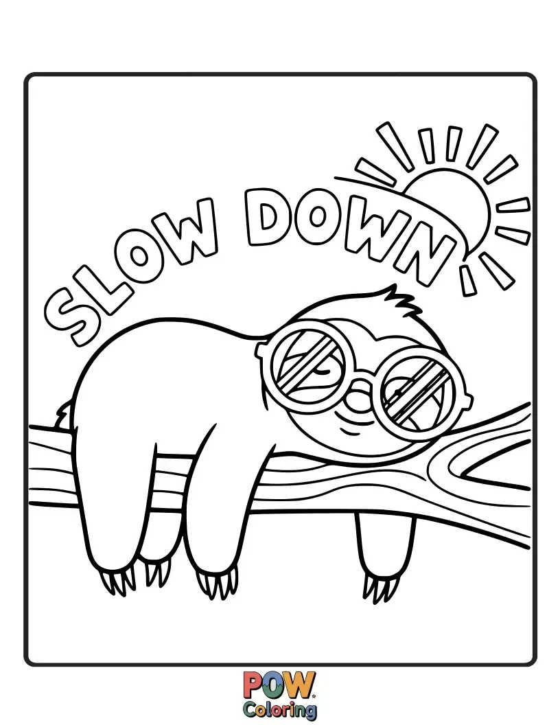 Free coloring page of A chill sloth wearing relaxed sunglasses, encouraging a peaceful and colorful session.