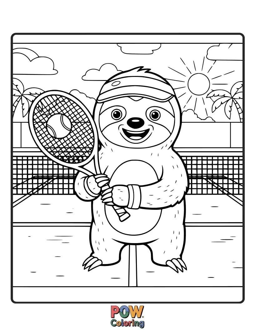 Free coloring page of A very slow but determined sloth attempting to hit a tennis ball, wearing tiny tennis shoes and a headband.