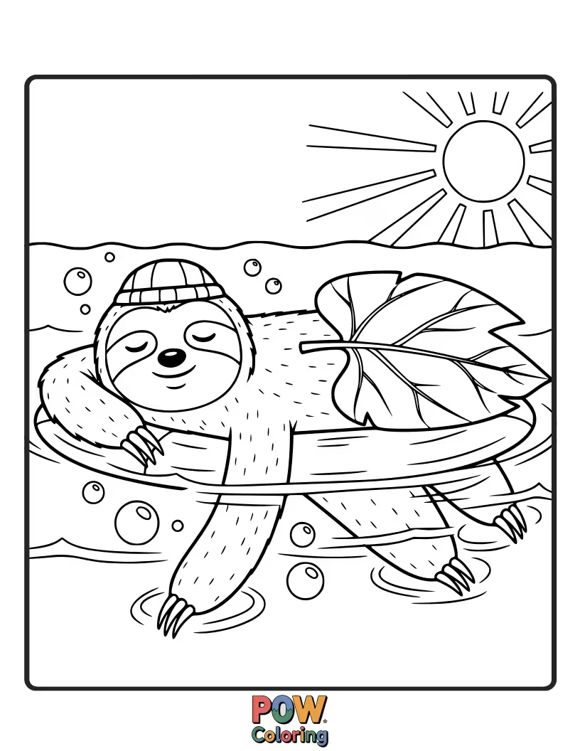 Free coloring page of A very slow-moving sloth takes a leisurely paddle in a calm river, enjoying the peaceful water.