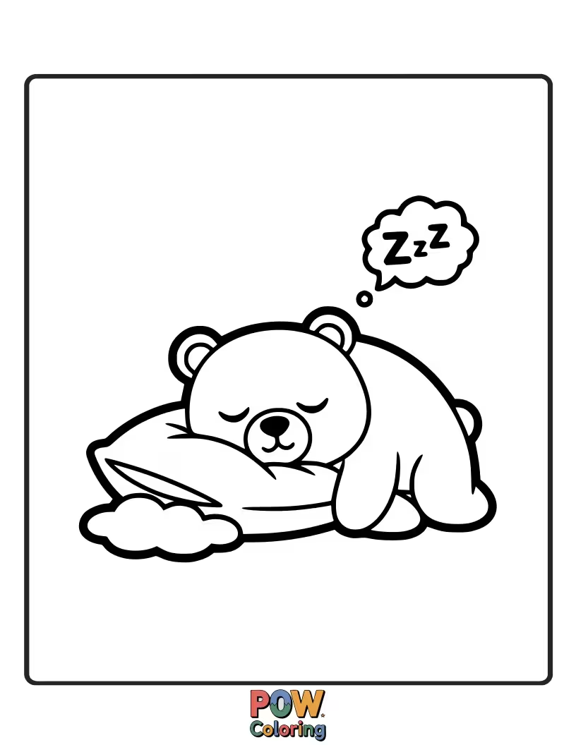 Free coloring page of A round pillow with a friendly bear face, fast asleep. Color its fuzzy ears and dreaming expression for ultimate cuteness.