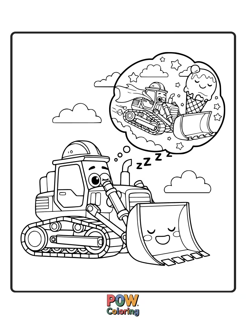 Free coloring page of A cheerful bulldozer with a smiling face dreaming of building a sandcastle.