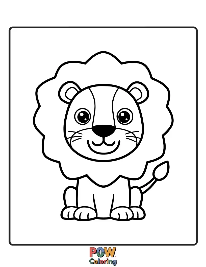 Free coloring page of A friendly lion with a big smile, inviting kids to add their favorite colors.