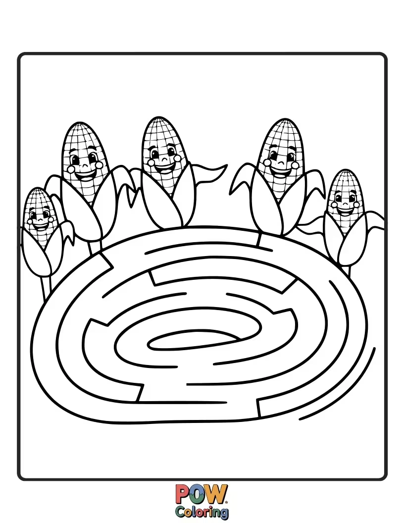 Free coloring page of A joyful ear of corn that has transformed into a playful maze, inviting you to color its sunny kernels.