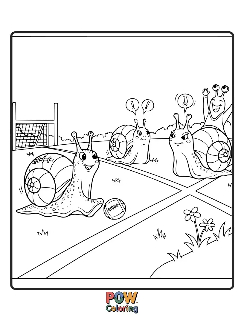 Free coloring page of A determined snail slowly but surely inching towards a football goal. Hilariously slow-paced competition.