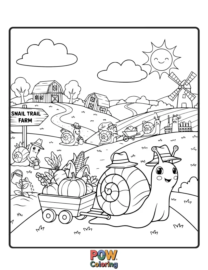 Free coloring page of A slow-moving snail leaving a shimmering trail through a beautiful farm garden.