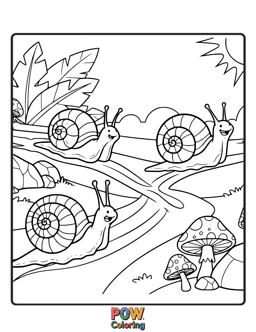 Free coloring page of A friendly snail leaves a sparkly trail as it slowly but surely races against other garden critters.