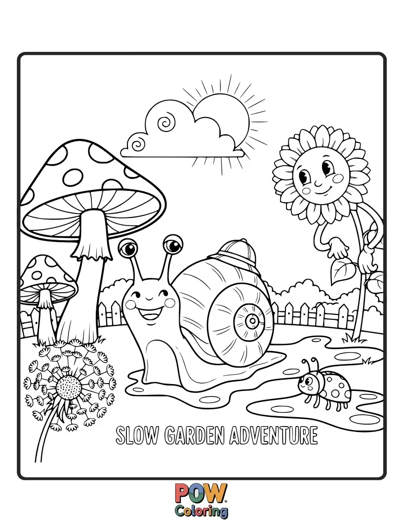 Free coloring page of A charming snail embarking on a slow, epic journey across a vast garden, encountering friendly ladybugs and tiny pebbles.