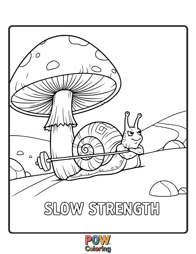 Free coloring page of A determined snail, shell decorated like a weight plate, inching its way up a mini climbing wall with a smile.