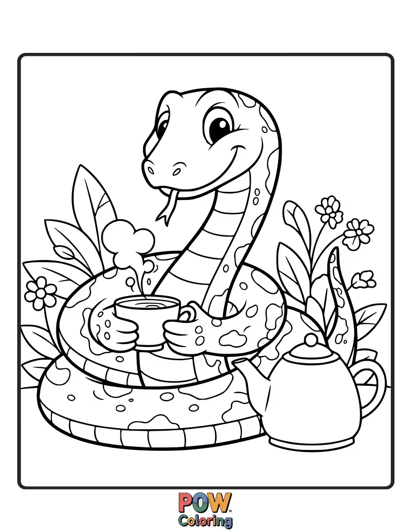 Free coloring page of A sophisticated snake enjoying a relaxing cup of tea, embracing tranquility.