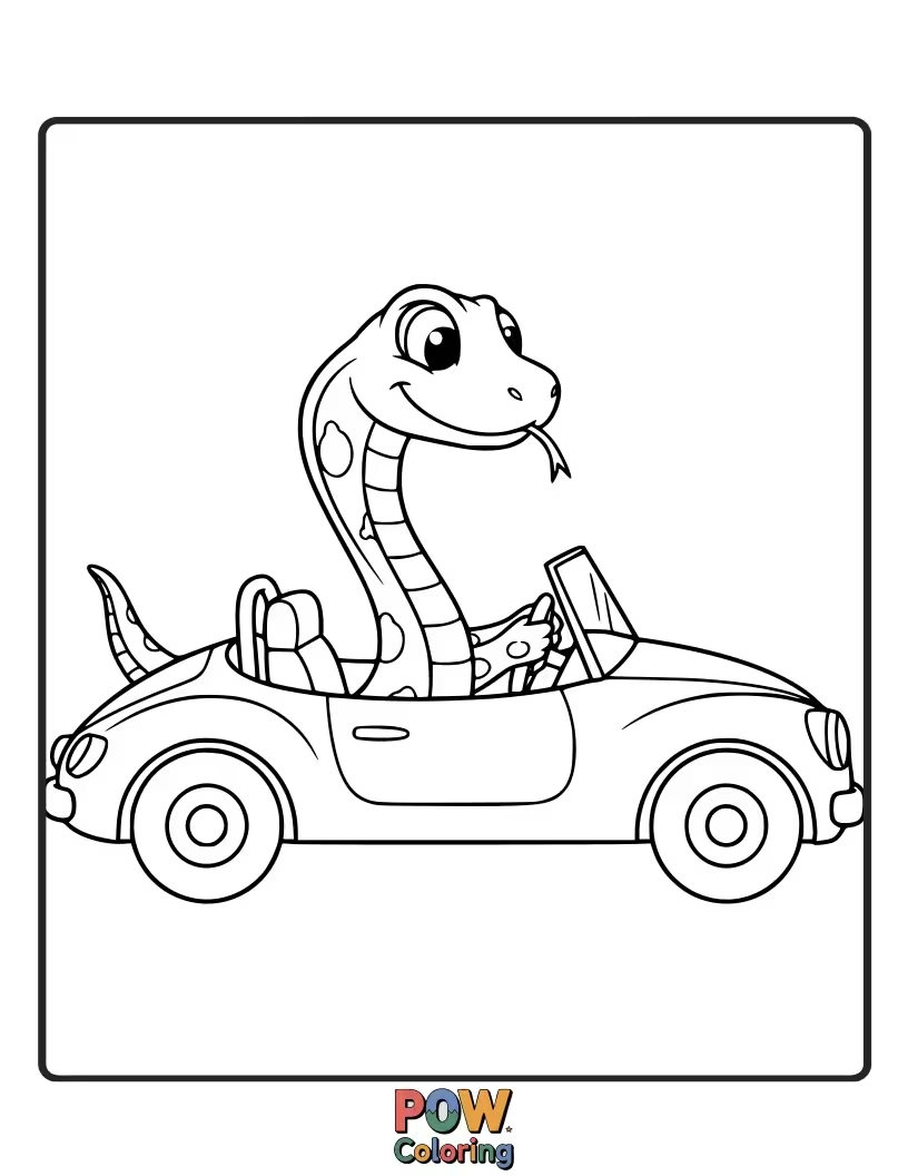 Free coloring page of A determined snake behind the wheel of a tiny car, going on an adventure.