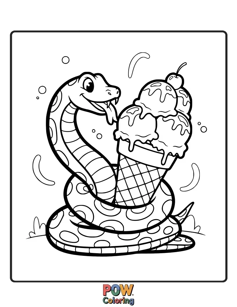 Free coloring page of A happy snake enjoying a delicious, melting ice cream cone on a sunny day.