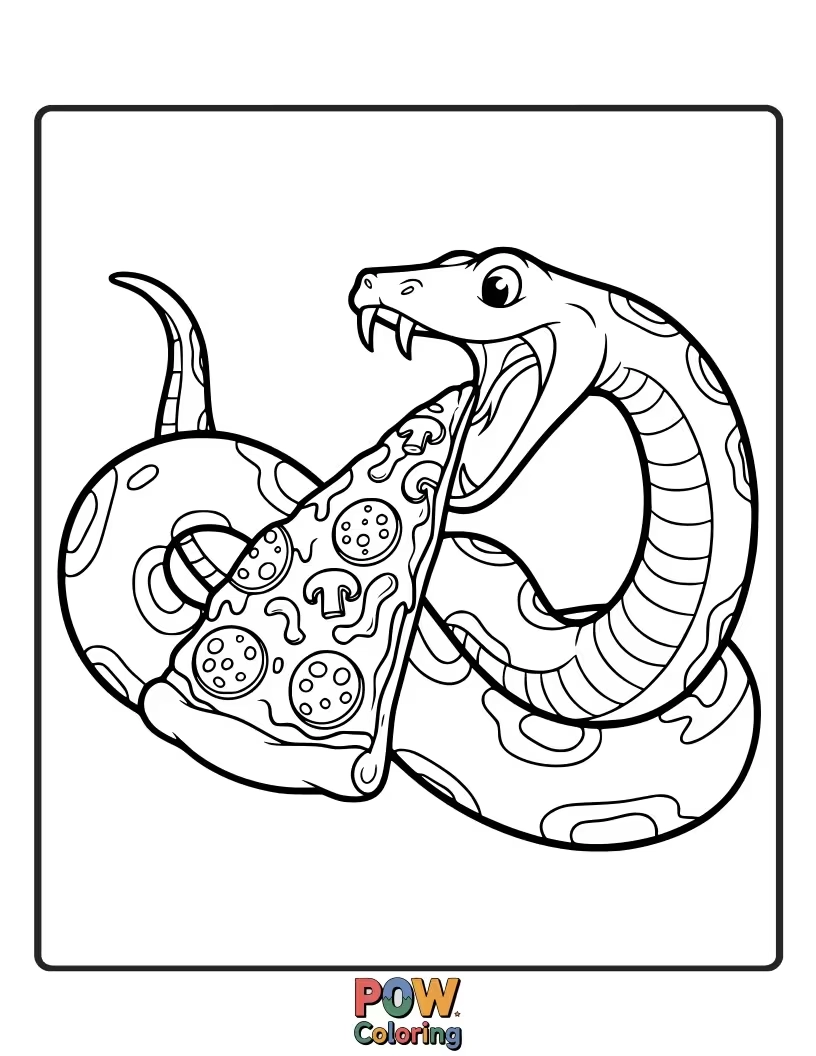 Free coloring page of A hungry snake devouring a delicious slice of pizza with a happy expression.