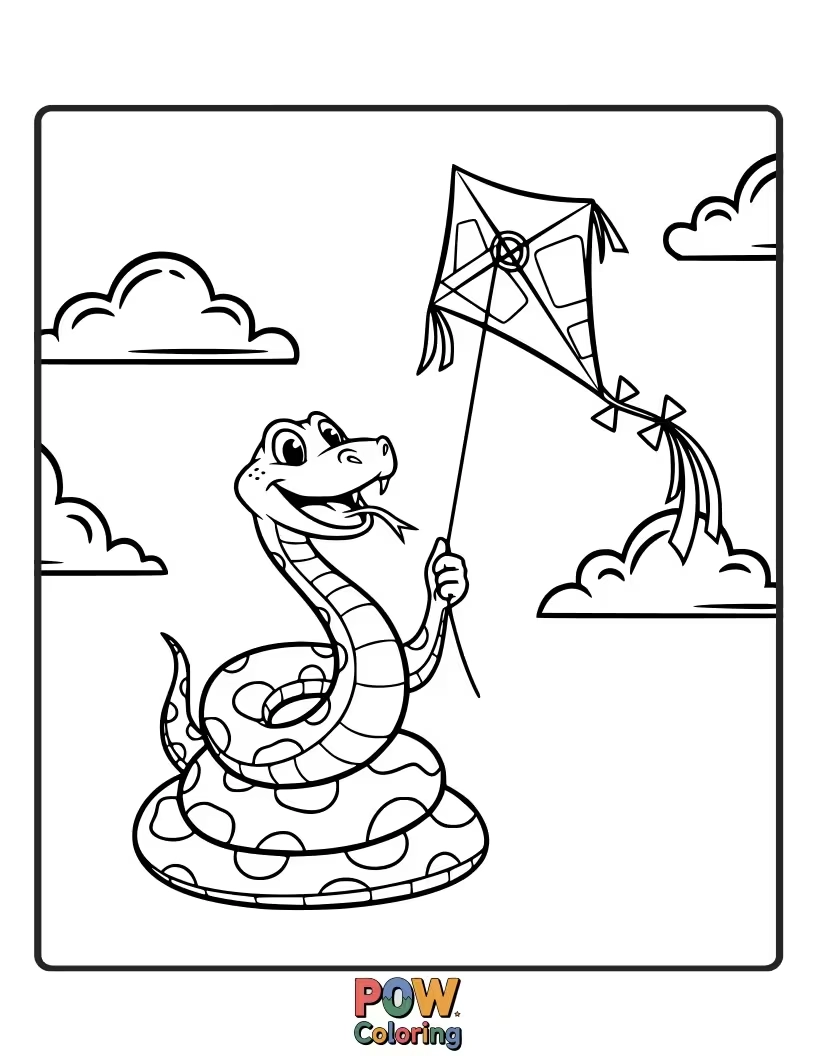 Free coloring page of A joyful snake flying a colorful kite high in the windy sky.