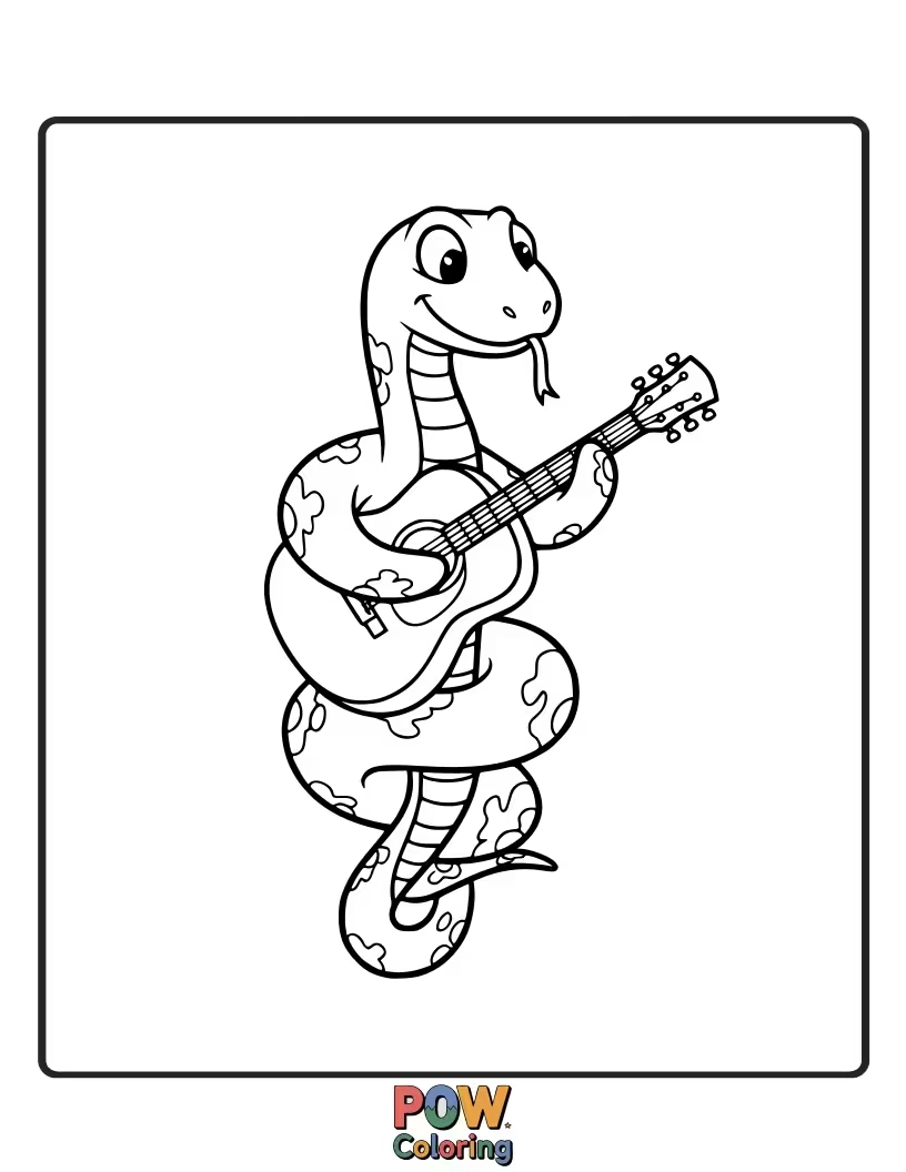 Free coloring page of A cool snake strumming a guitar, ready to rock out with vibrant colors.