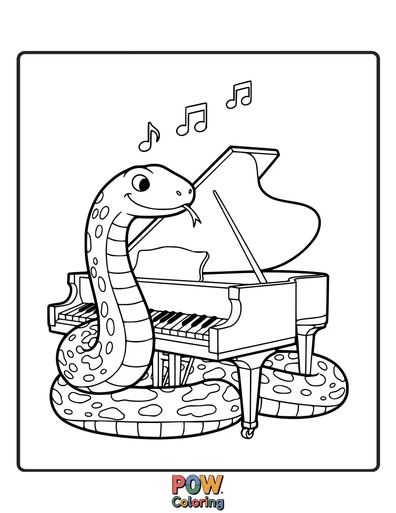 Free coloring page of A musical snake tickling the ivories of a grand piano, composing a melody.