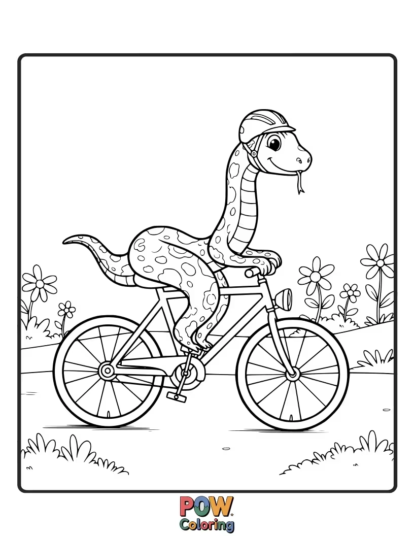 Free coloring page of A determined snake pedaling a bicycle with enthusiasm, enjoying the ride.