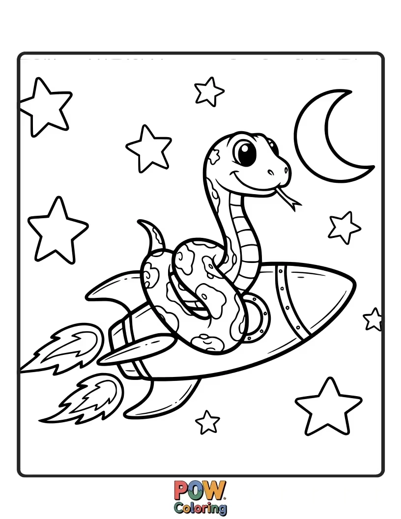 Free coloring page of An adventurous snake blasting off in a rocket, exploring the galaxy.