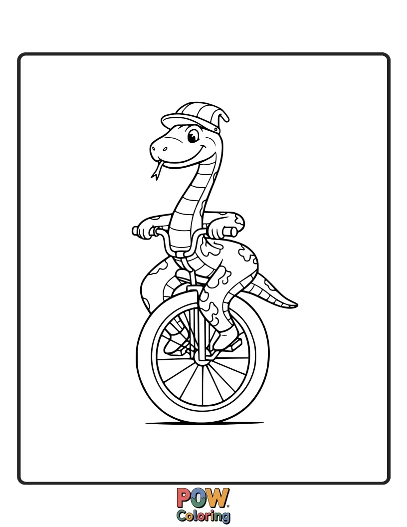 Free coloring page of A wobbly but determined snake balancing on a unicycle, a tricky feat.