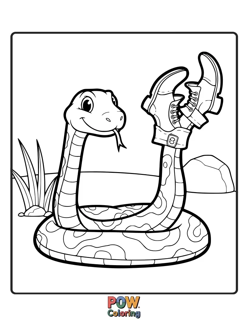 Free coloring page of A fashionable snake sporting a pair of cute boots, ready to stomp.
