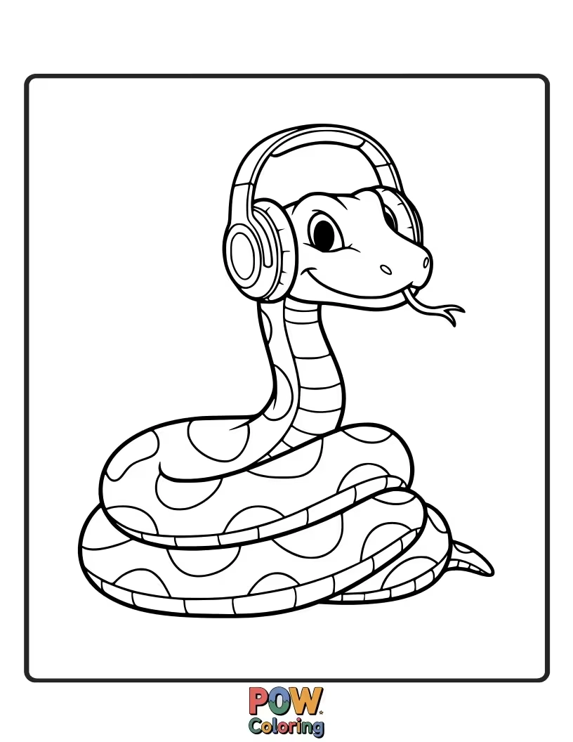 Free coloring page of A cool snake listening to music with oversized headphones, lost in the rhythm.