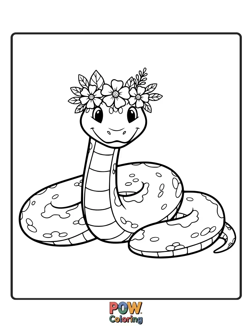 Free coloring page of A sweet snake adorned with a beautiful flower crown, blooming with charm.