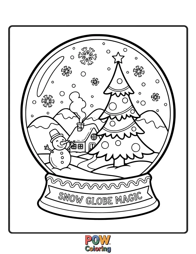 Free coloring page of A magical snow globe containing a miniature winter village scene, inviting imaginative coloring and detail.