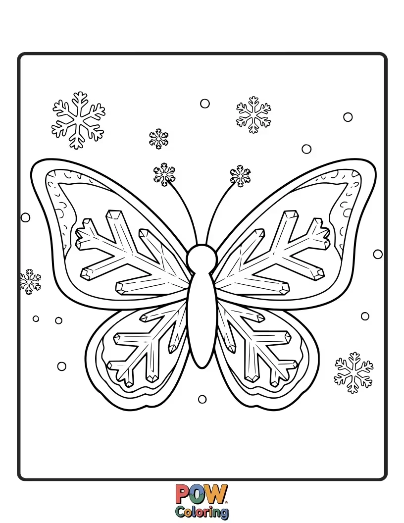 Free coloring page of A delicate butterfly with intricate snowflake wings, fluttering softly through a winter wonderland. Brrr, so pretty!