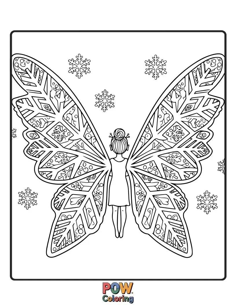 Free coloring page of A delicate fairy with wings resembling intricate snowflakes, hovering gracefully in a winter sky.