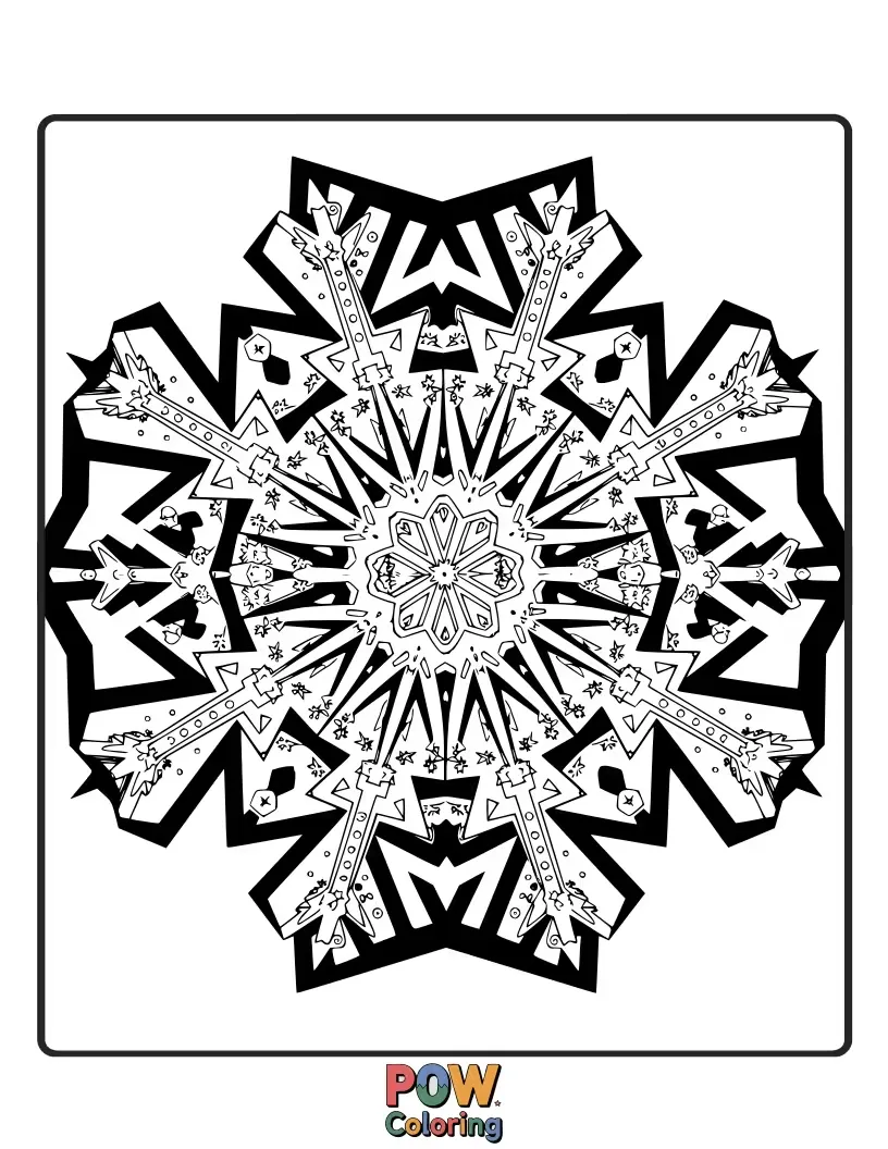 Free coloring page of A vibrant kaleidoscope pattern made of repeating, colorful snowflakes, stimulating creativity and visual interest.