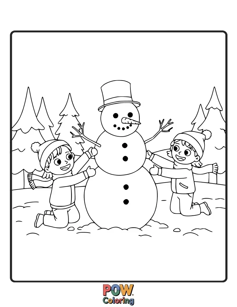 Free coloring page of Children happily building a snowman in a snowy wonderland, complete with carrot nose and scarf.