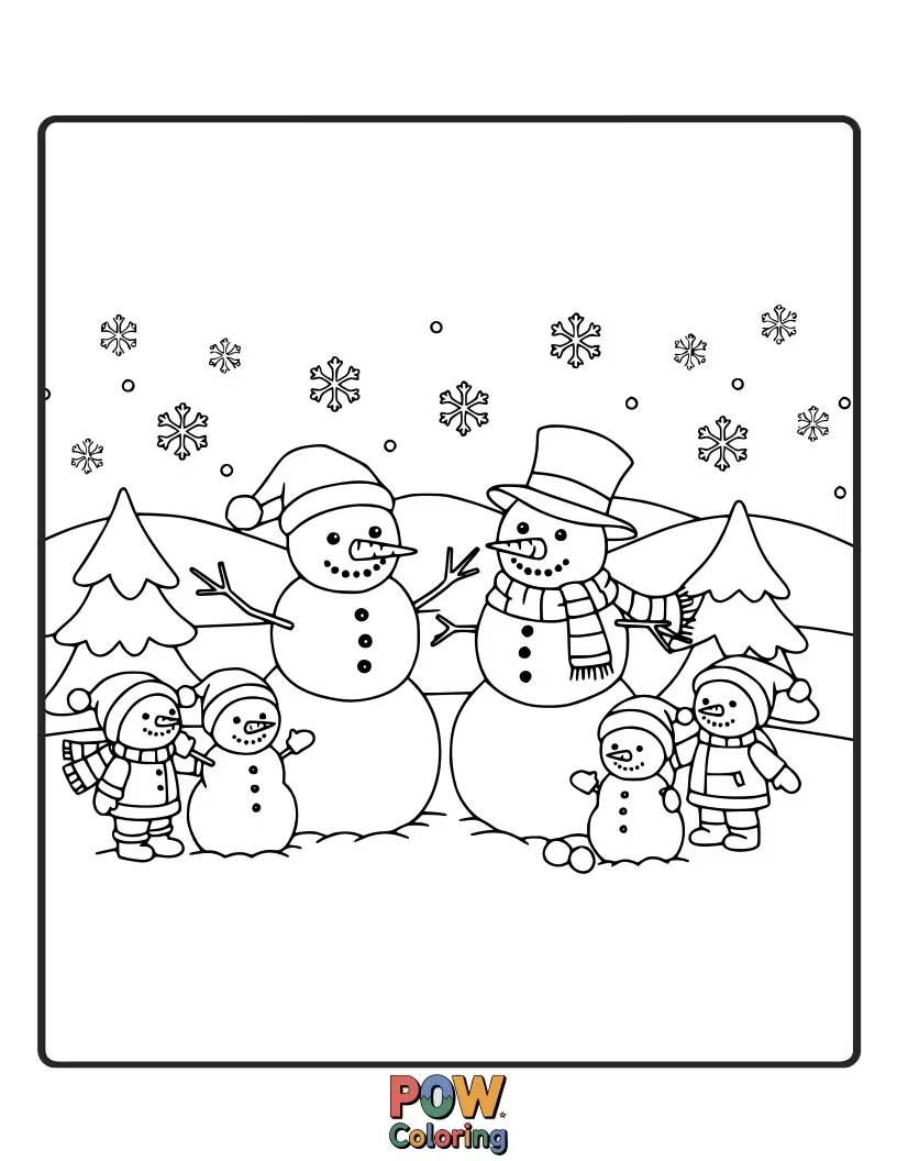Free coloring page of A happy snowman family, including parents and children, enjoying a winter day together.
