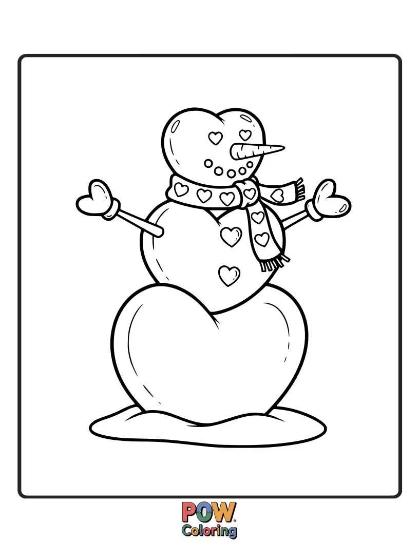 Free coloring page of Cute snowmen built with heart shapes, wearing cozy hats and scarves. Winter wonderland fun.