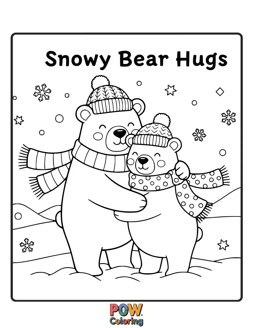 Free coloring page of A gentle bear giving a big, warm hug to a little snowman, showcasing friendship in the cold.