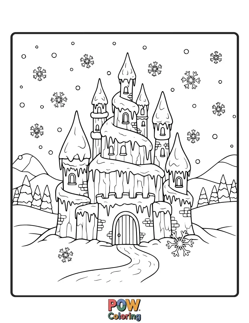 Free coloring page of A magnificent ice castle shimmering under the moonlight, surrounded by a blanket of fresh snow.