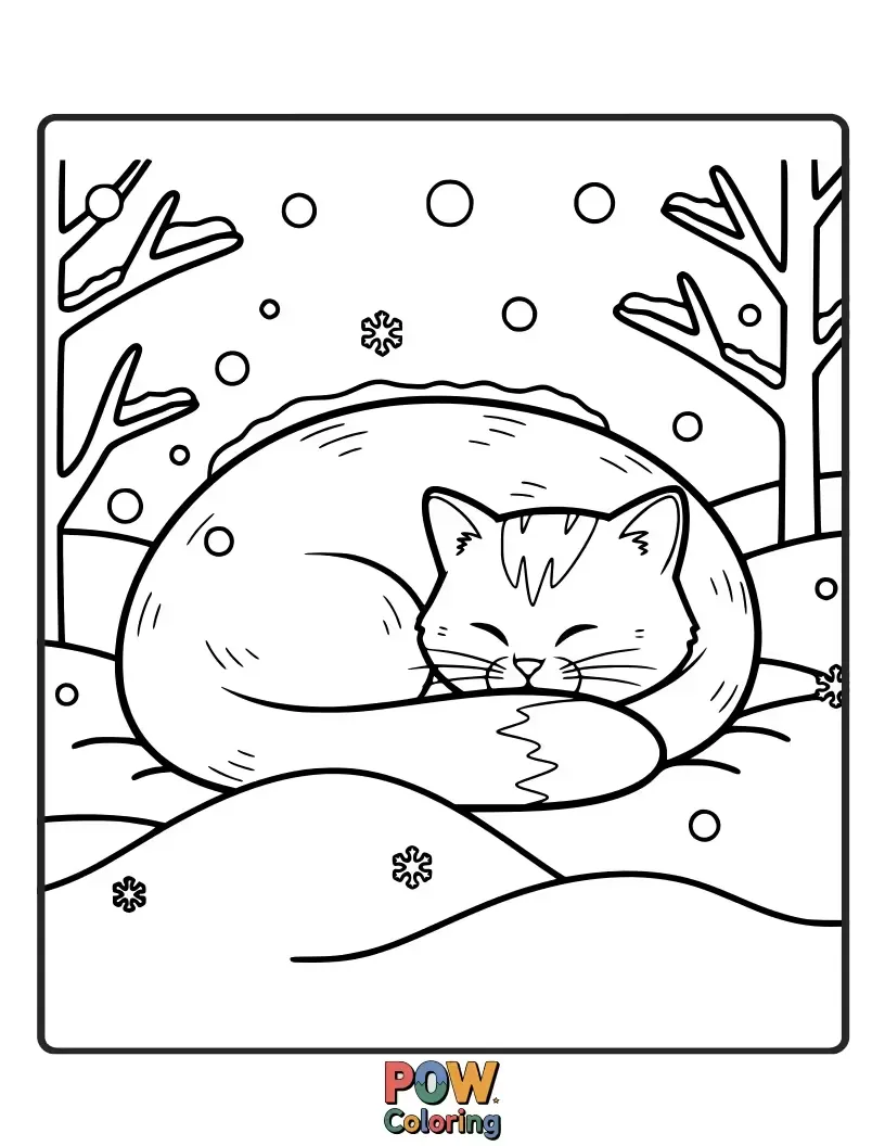 Free coloring page of A fluffy cat curled up cozily on a snowy windowsill, enjoying a peaceful winter nap.