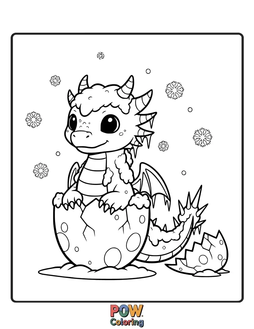 Free coloring page of An adorable baby dragon breathing tiny puffs of frosty air, nestled in a snowy cave.